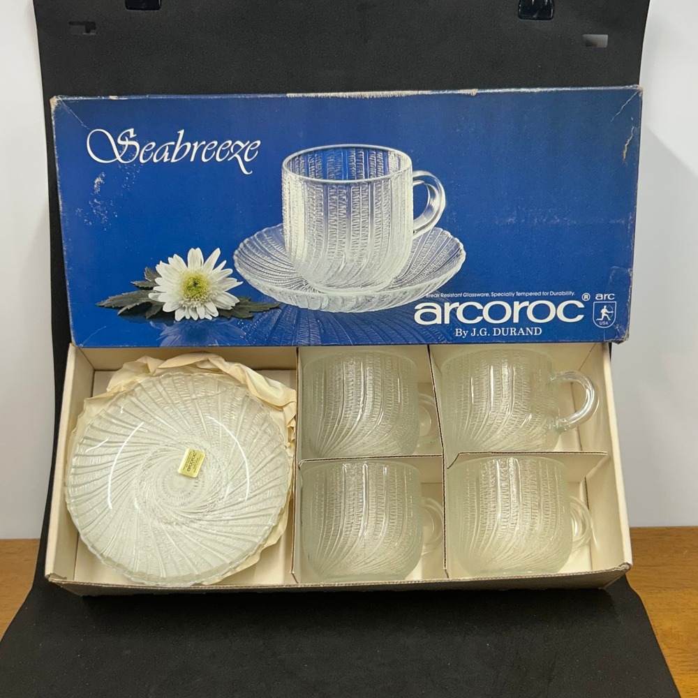 Arcoroc Seabreeze Glass Cup and Saucer Set 8pc J.G. Durand Vintage 7.5oz Clear